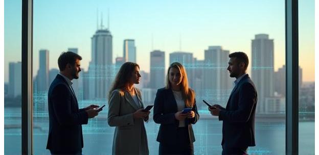 Team collaborating with wireless devices against Sydney skyline